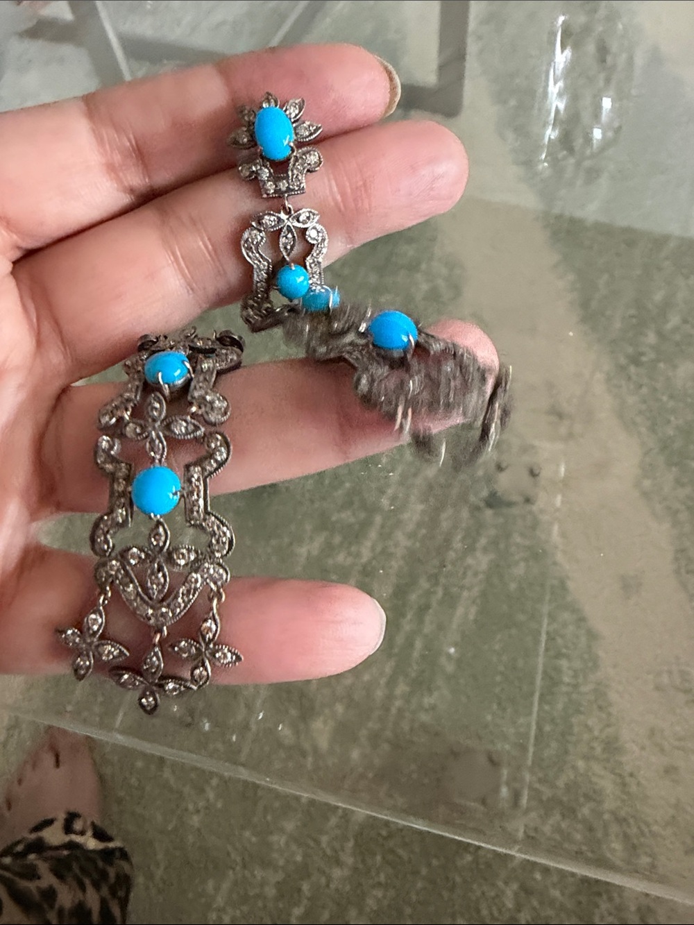 Silver Filigree Drop Earrings with Turquoise Accents - Picture 5 of 7
